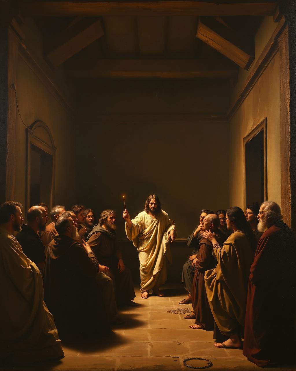Classical oil painting of the risen Christ among the disciples in an upper room, painted with warm dramatic light.