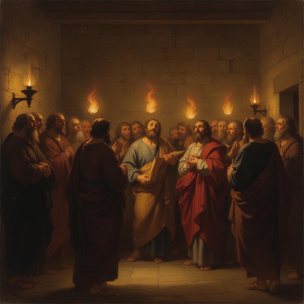 Classical oil painting of the apostles gathered in an upper room at Pentecost with flames of divine light above them.