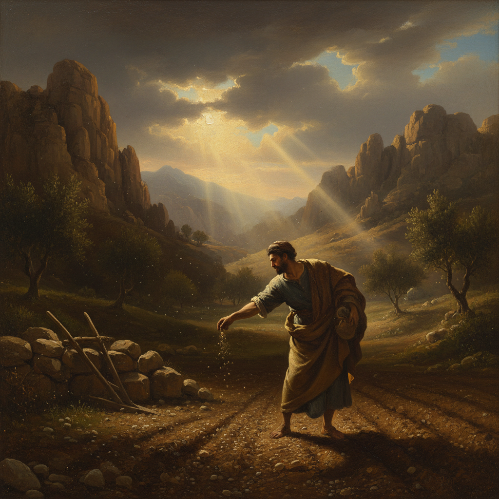Classical oil painting inspired by Galatians 6:9.