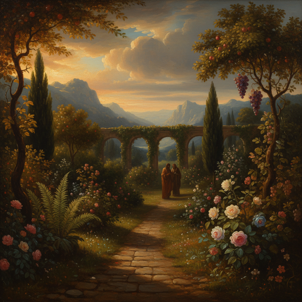 Classical oil painting inspired by Isaiah 61:11.