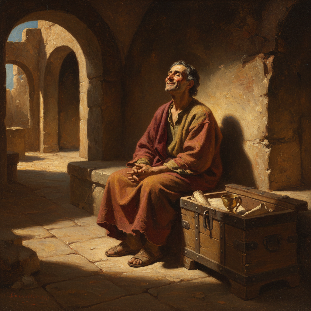 Classical oil painting inspired by Matthew 6:21.
