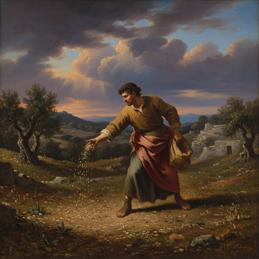 Classical oil painting inspired by Isaiah 55:10-11.