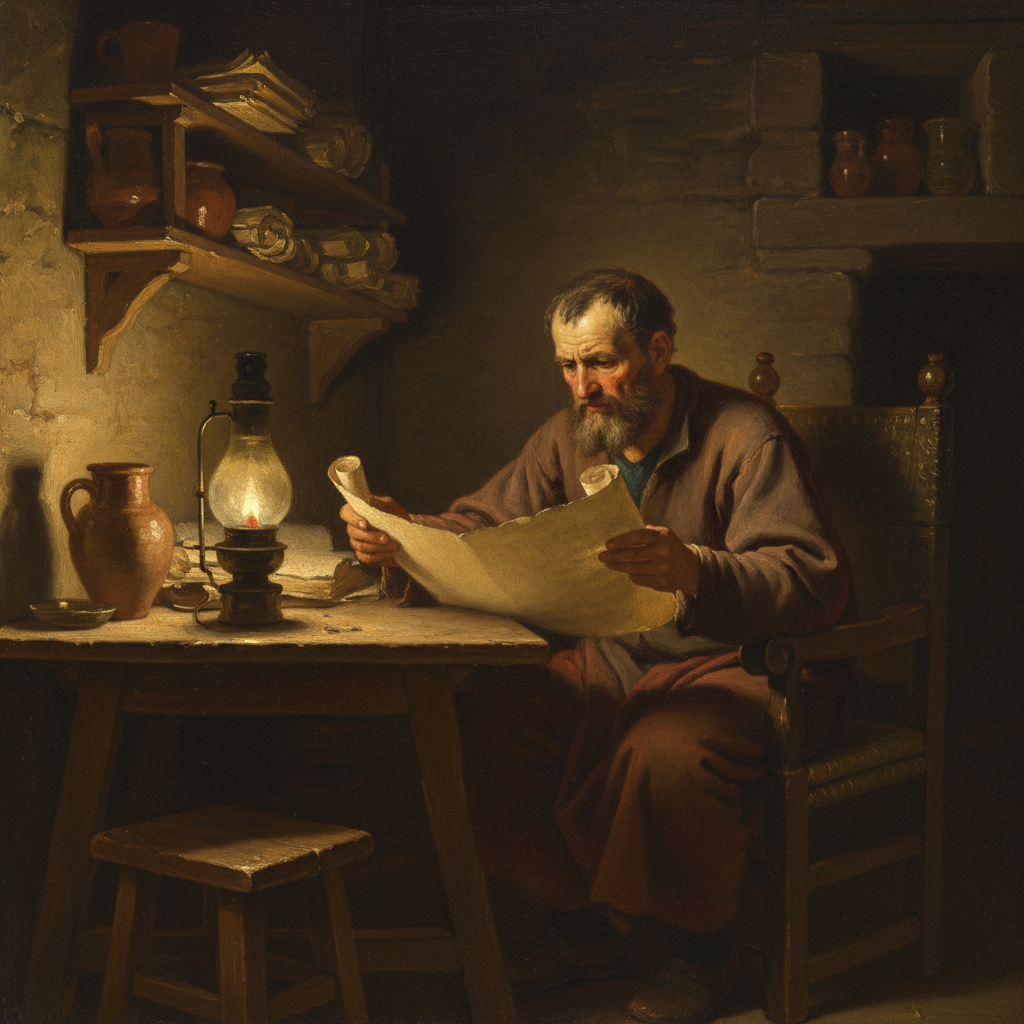 Classical oil painting inspired by Romans 15:4.
