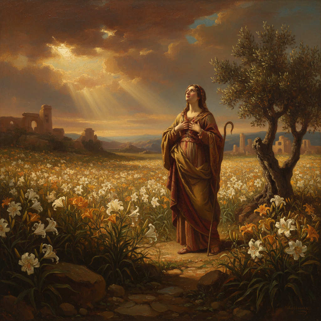 Classical oil painting inspired by Luke 12:27.