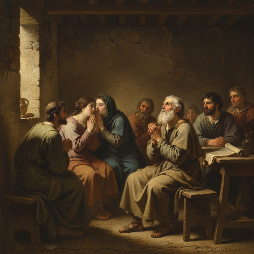 Classical oil painting inspired by Matthew 18:20.